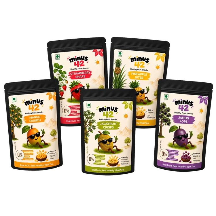 Five Minus42 freeze-dried fruit snack pouches in an assorted 5-pack: Mango Crunch, Pineapple Bites, Jackfruit Crisps, Jamun Pops, and Strawberry Snaps.